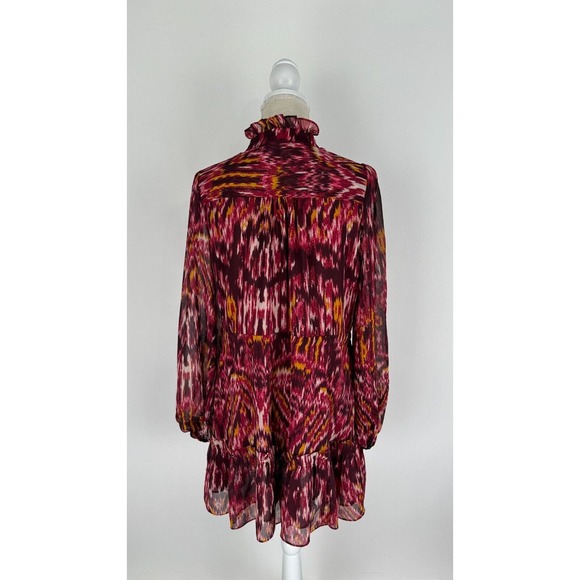 House of Harlow 1960 Womens Burgundy Abstract Dress Chiffon Ruffle Neck Size 10 - Picture 2 of 13